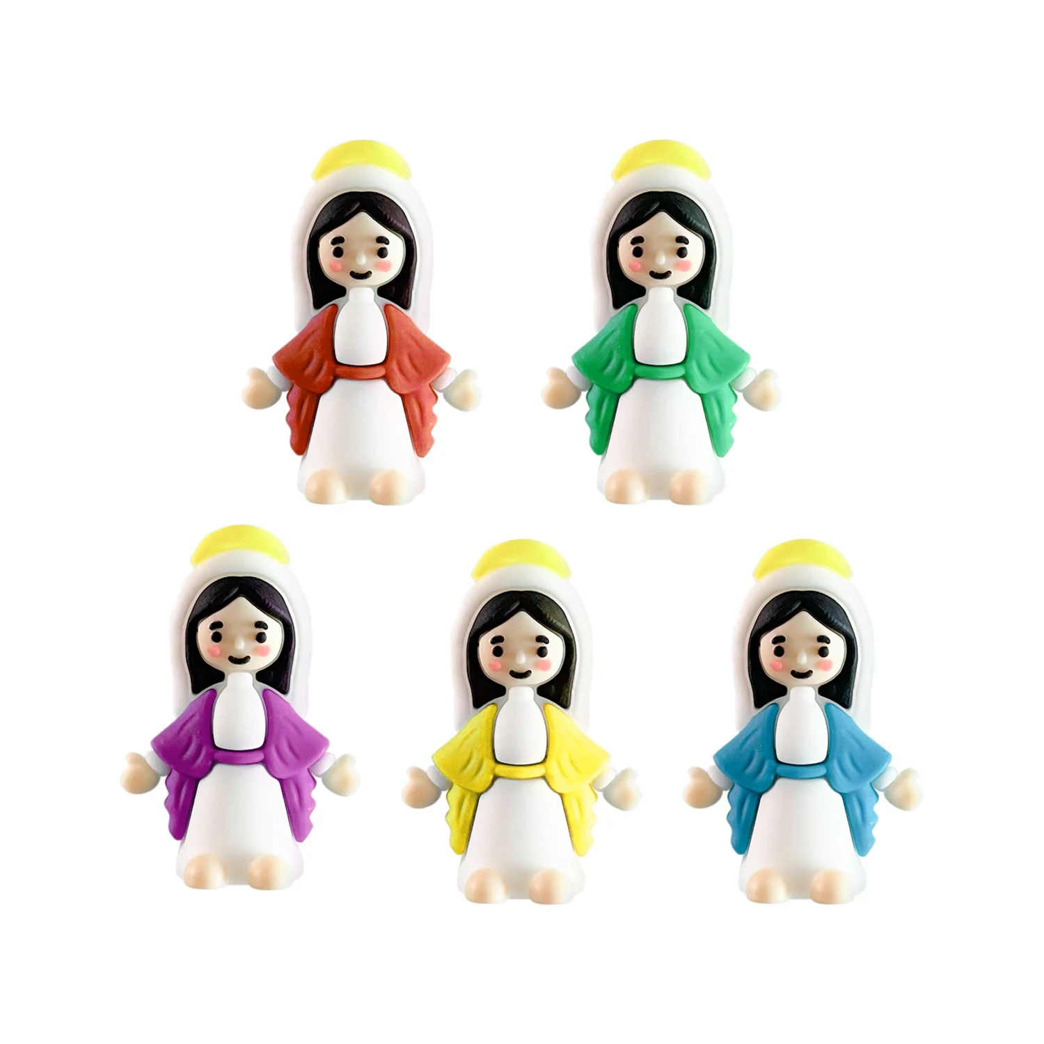 Style F: little Mary figures in red, green, purple, yellow and blue