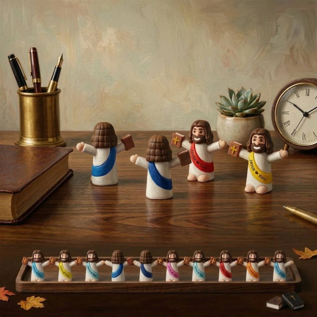 Colourful mini Jesus figures displayed on a desk